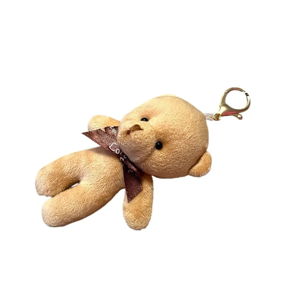 Cute Plush Tan Bear With Brown Bow Keychain
